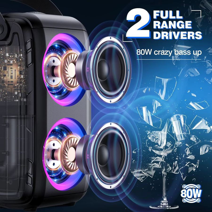 W-KING T9-2 Tragbarer Bluetooth Lautsprecher mit 80W RMS, Kabellose Party Boombox in Schwarz mit 4 Treibern - Bild 6