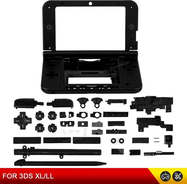 Schwarzes Ersatzgehäuse für Nintendo 3DS XL LL inklusive mittlerem und oberem Kunststoffgehäuse, Batteriefach sowie vollständiger Tasten- und Stiftausstattung - Bild 1