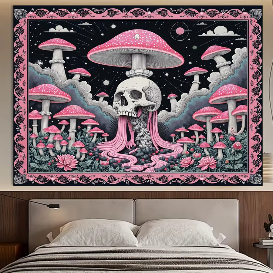 VIKAMA Dark Fantasy Wandteppich mit Skelett und Pilzen in Multicolour als dekorativer Wandbehang - Bild 4