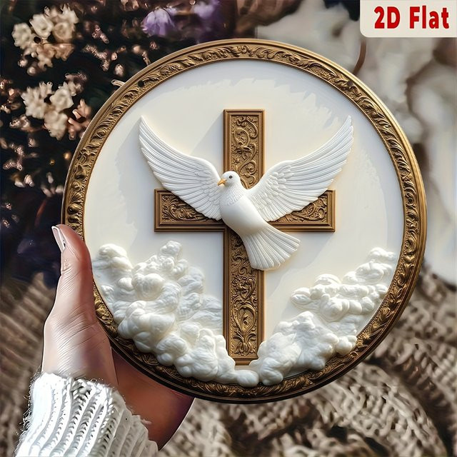 CIFBUY Christliche Metallwandkunst mit Taube und Kreuz, runde Wanddekoration in Gold und Weiß, Durchmesser: 20,32 cm - Bild 1