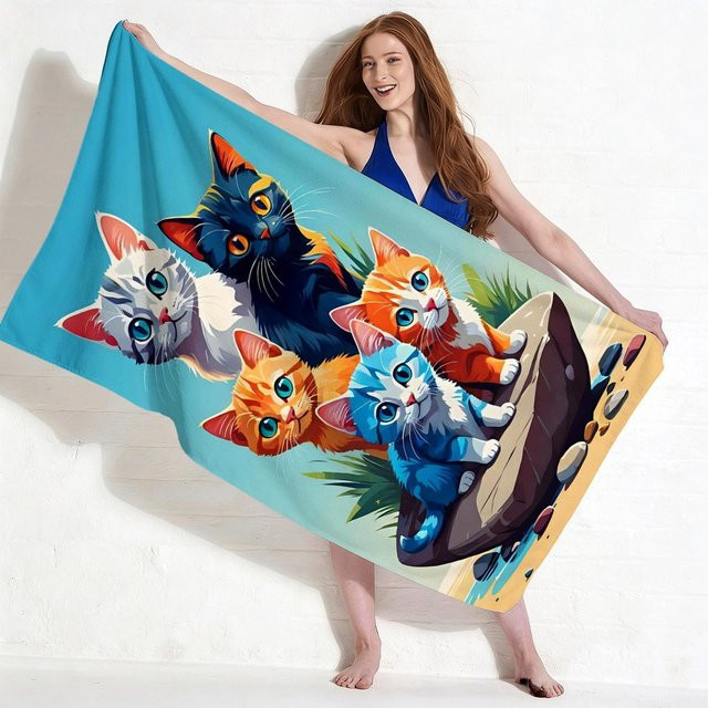 Handtuch mit blauem Katzenprint von Shanika Chen, B/H: 40 x 60 cm - Bild 1