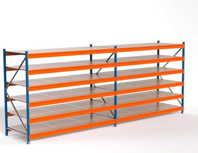 PROREGAL Industrie Weitspannregal MAXIMUS PRO Lagerregal mit 2 Feldern und 6 Spanplatten-Fachböden, Blau/Orange, H x B x T: 200 x 500 x 100 cm - Bild 1