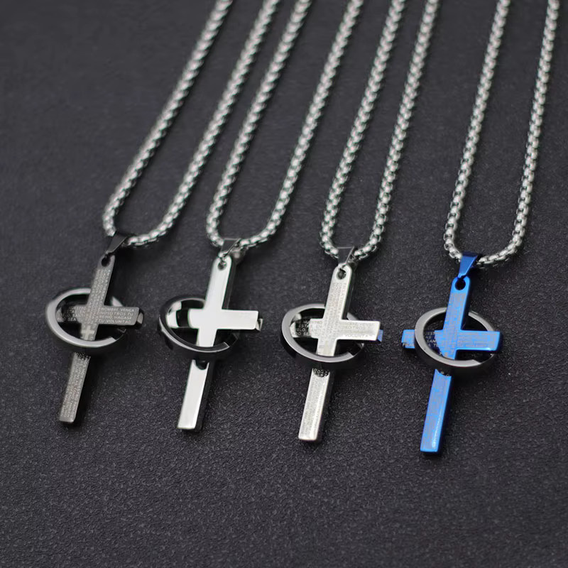 Halskette mit Kreuz und Kreis Anhänger, Edelstahl, Silber, Herren - Bild 2