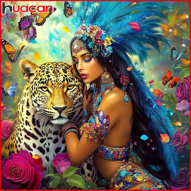 Huacan Diamantmalerei Leoparden-Frau als Tier-Porträt Mosaik-Kunstwerk in Mehrfarbig mit Rundbohrern und Vollquadrat-Steinen - Bild 1