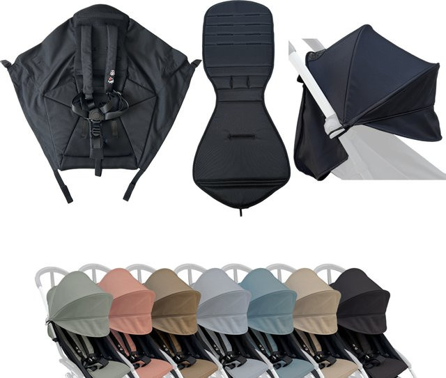 MomTan Kinderwagen-Zubehör-Ersatzset in Schwarz mit verlängertem Verdeck, Sitzkissen und Sitzunterlage für Babyzen YOYO-Serie und Stokke YOYO3 - Bild 1