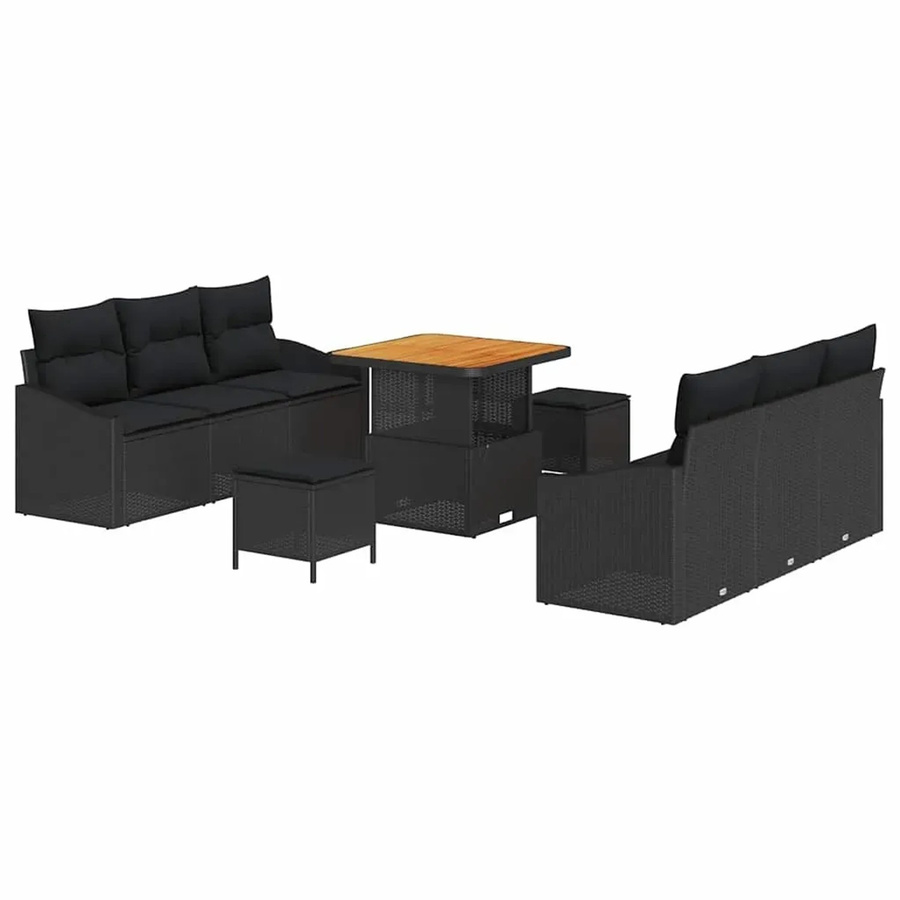vidaXL Garten-Sofa-Set 9-tlg. aus Poly Rattan und Akazienholz in Schwarz mit Kissen - Bild 2