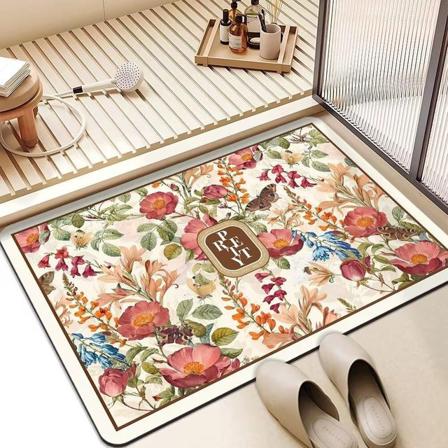 Yiran Furniture Badezimmer Saugmatte mit Blumenmuster, rutschfest und schnelltrocknend, B/T: 90 x 60 cm, Mehrfarbig - Bild 1