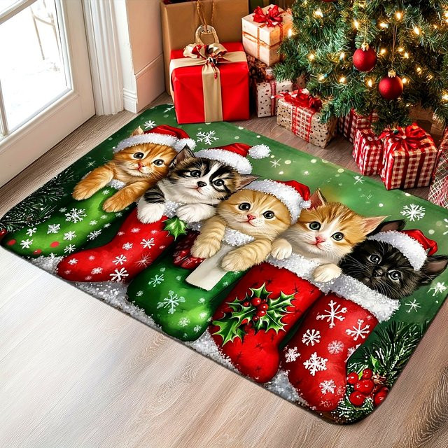 VIKAMA Weihnachtsteppich mit Kätzchen-Motiv, weiche Bodenmatte für Wohnzimmer und Schlafzimmer, Mehrfarbig, B: 75 cm, T: 45 cm - Bild 1
