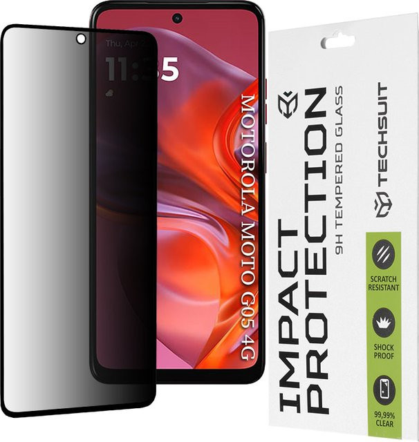 Privacy Techsuit Displayschutzfolie aus gehärtetem Glas für Motorola Moto E15 und G05, transparent, Full Glue, 111D - Bild 1