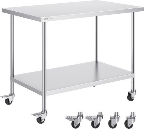 VEVOR Arbeitstisch aus Edelstahl mit Rollen und höhenverstellbaren Ebenen, Silber, B/T/H: 121,9 x 76,2 x 76,2 cm - Bild 1