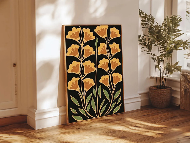 SHENCHEN Boho Wanddekoration Abstrakte Blumen Kunst Leinwanddruck in Gelb - Bild 1