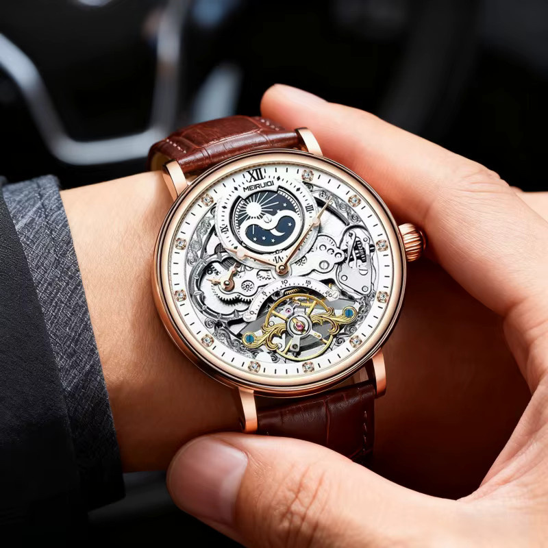 MEIRUIQI Armbanduhr Automatik, Roségold, Weiß, Braun, Herren - Bild 5