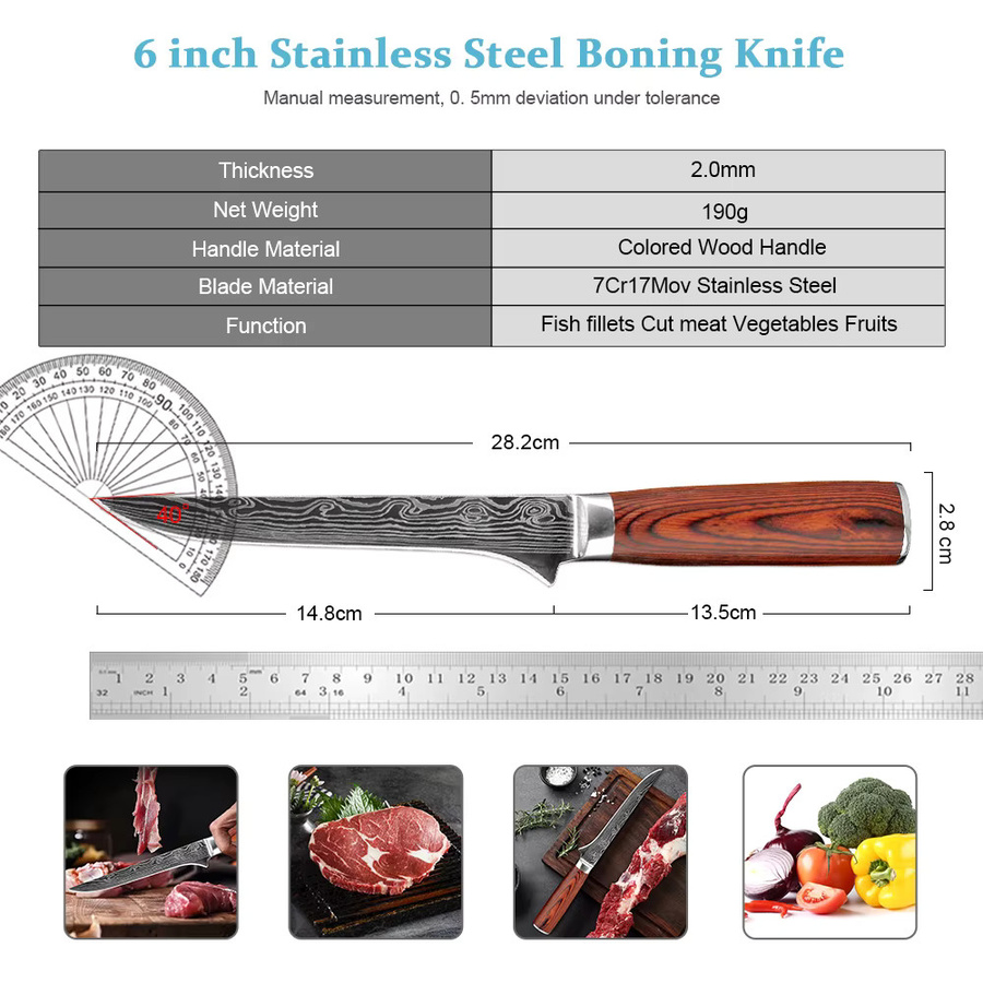 Xituo Ausbeinmesser aus Edelstahl mit Laser-Damast-Muster und Redwood-Griff in Braun, 15,24 cm - Bild 2