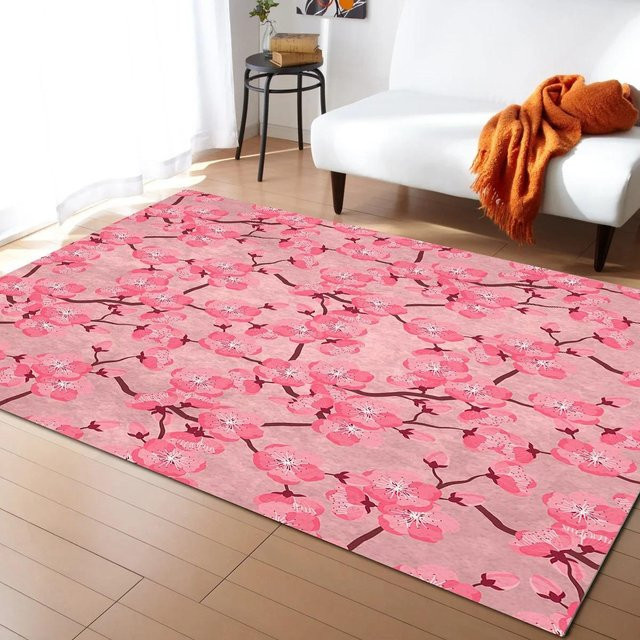 Karpetti Japanischer Sakura Kirschblüten Teppich in Pink, Modernes Florales Design, Rutschfest und Waschbar, B/T: 80 x 120 cm - Bild 1