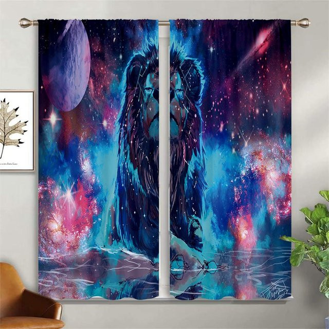 Dekorative 2er-Set Vorhänge mit Löwe-Motiv unter dem Sternenhimmel, Blau, Semi-transparent, B: 50 cm, H: 140 cm - Bild 1