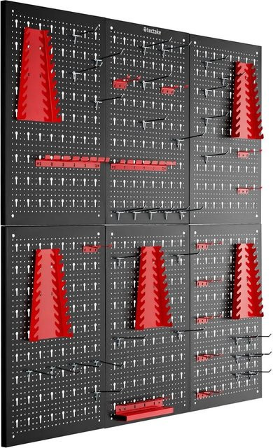 tectake Werkzeuglochwand Jonah sechsteilig aus Stahl mit Haken und Halterungen, Schwarz Rot, B: 240 cm, H: 60 cm, 6er Set - Bild 1