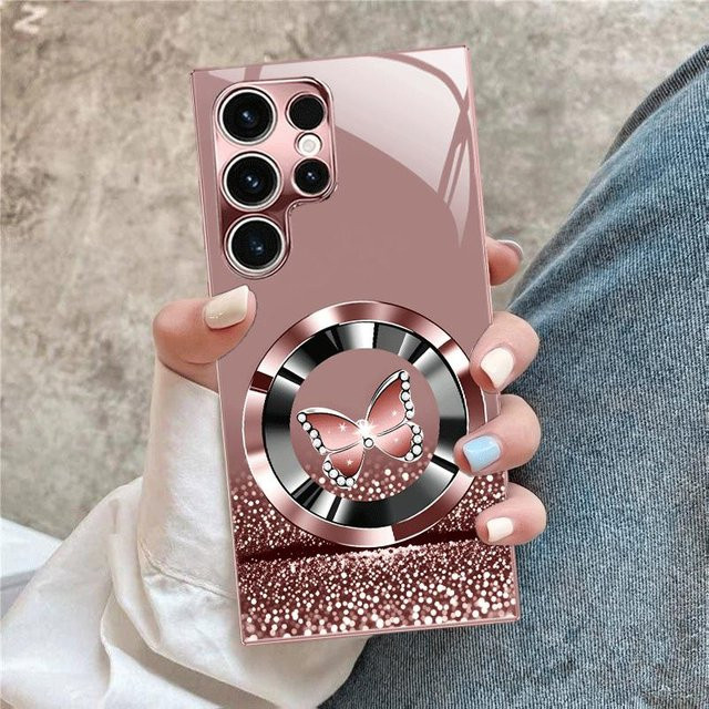 Luxus Handyhülle aus Glas mit Schmetterlings-Design in Rosa für Samsung Galaxy S26 S25 S24 S23 S22 S21 FE Ultra Plus - Bild 1