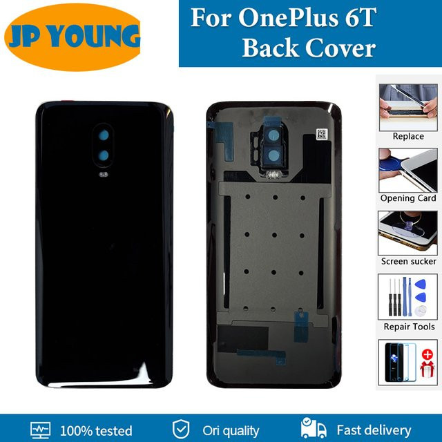 Original Glas Ersatzteil für OnePlus 6T und OnePlus 6 Batterieabdeckung in Schwarz mit Kameraobjektiv-Ausschnitt - Bild 1
