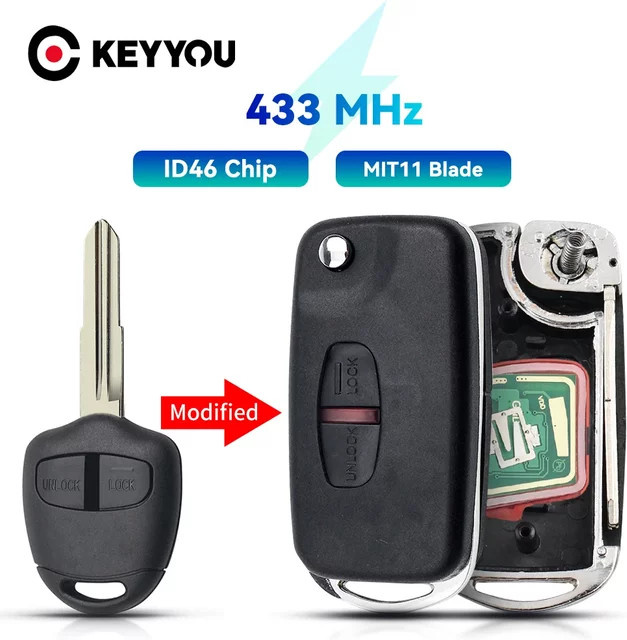 Keyyou 2-Tasten 433MHz Autoschlüssel für Mitsubishi Triton, Pajero, Outlander, ASX, Lancer mit ID46 Transponder Chip und 11 Klingen, Schwarz - Bild 1