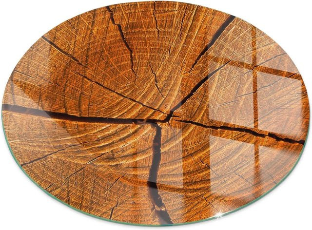Tulup Runde Glasplatte für Kaminöfen mit Holzmaserung im Querschnitt, Farbe: Orange, Durchmesser: 70 cm - Bild 1