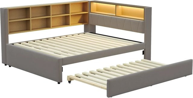 Merax Schlafsofa mit LED-Beleuchtung und USB-Anschluss, Ausziehbett mit Schublade und Seitenfächern, Dunkelgrau, B/T/H: 213 x 140 x 98 cm - Bild 1