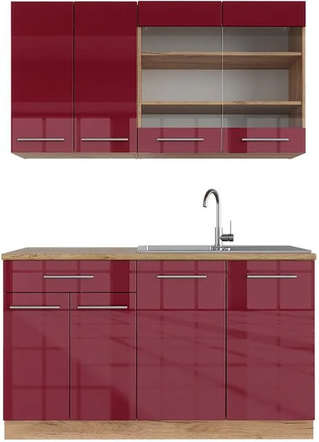 Vicco Fame-Line Singleküche Bordeaux Hochglanz und Goldkraft Eiche, moderne Küchenzeile mit Soft-Close-Türen, Breite: 140 cm - Bild 1