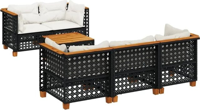 vidaXL 6-teilige Garten-Sofagarnitur aus Poly-Rattan und Akazienholz in Schwarz mit cremeweißen Kissen - Bild 1