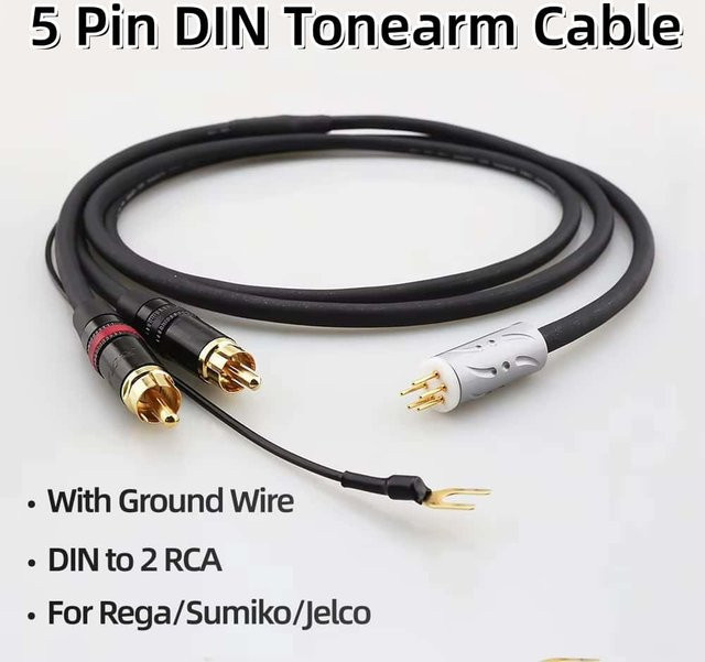 Viborg Tonarmkabel mit 5-Pin DIN-Stecker auf 2 RCA und Erdungsdraht in Schwarz für Rega Sumiko Jelco Grace 707 Plattenspieler - Bild 1