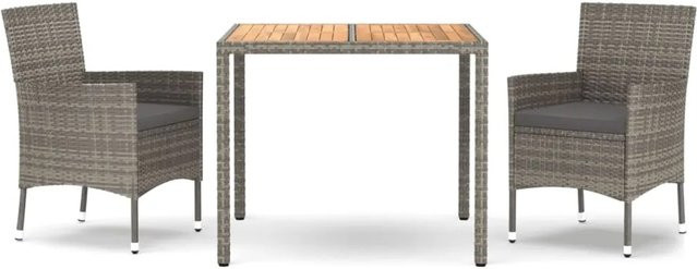vidaXL 3-teilige Garten-Essgruppe aus Poly Rattan und massivem Akazienholz in Grau mit Kissen - Bild 1