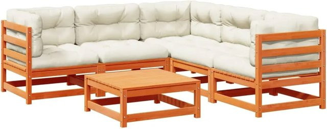 vidaXL 6-teilige Garten-Sofagarnitur aus Kiefernholz in Wachsbraun mit Polstern und Kissen für Terrasse und Garten - Bild 1