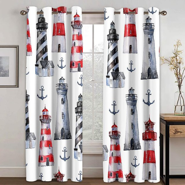 A Family Of Home Textiles Nautische Fenster Vorhänge mit Boot Skizze und Maritimem Design, 2 Panels, Weiß, Höhe: 175 cm, Breite: 220 cm - Bild 1
