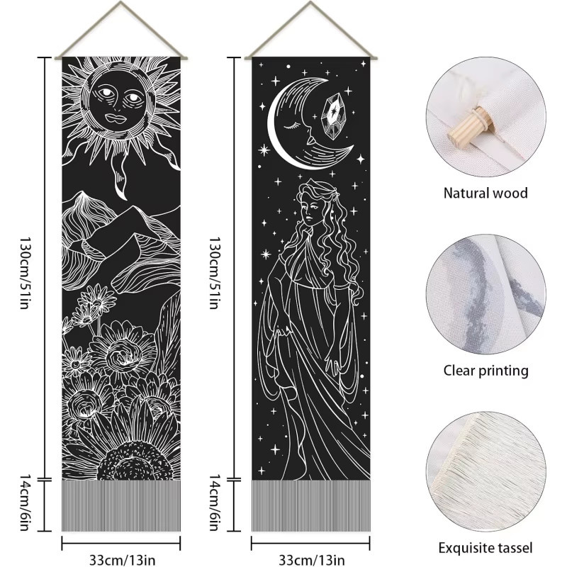 VIKAMA Doppelter Wandteppich im Boho-Stil mit Sonne, Mond und Sternen in Schwarz, B/H: 130 x 33 cm - Bild 6