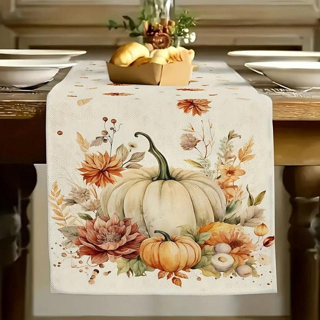 JINGYUE Pet Tischläufer mit Herbstkürbis und Blumen im Landhausstil, Mehrfarbig, B/H: 40 x 140 cm - Bild 1