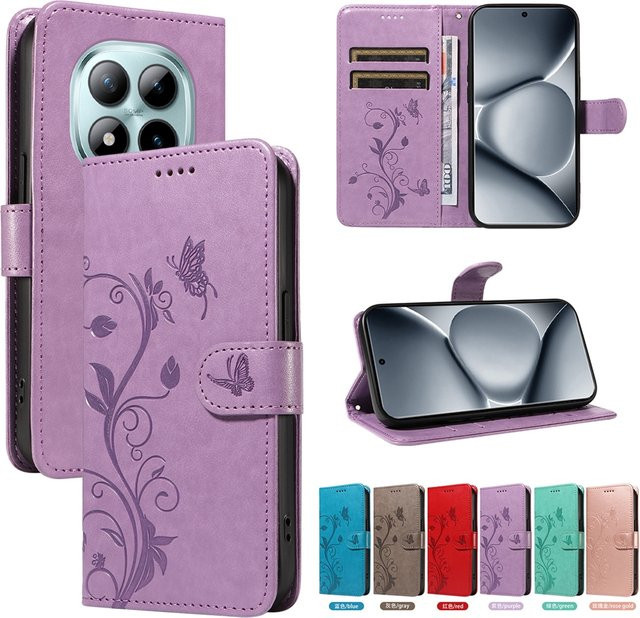 Leder-Magnetetui mit Schmetterlings-Blumen-Design für Xiaomi Redmi Note Pro Plus 5G 4G 12S 14S als Brieftaschen-Hülle Flip Cover in Lila - Bild 1