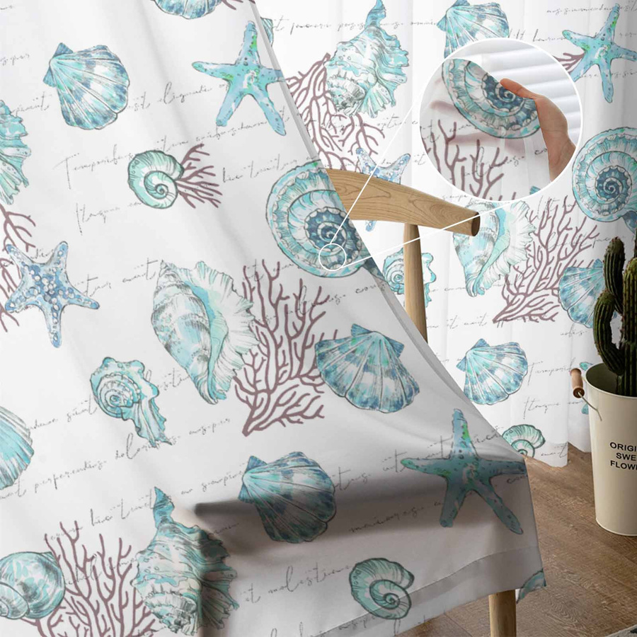 Transparente Vorhänge mit Seesternen und Muscheln in Koralle, Tüll Voile Organza für Wohnzimmer und Küche, Breite: 135 cm, Höhe: 115 cm - Bild 2