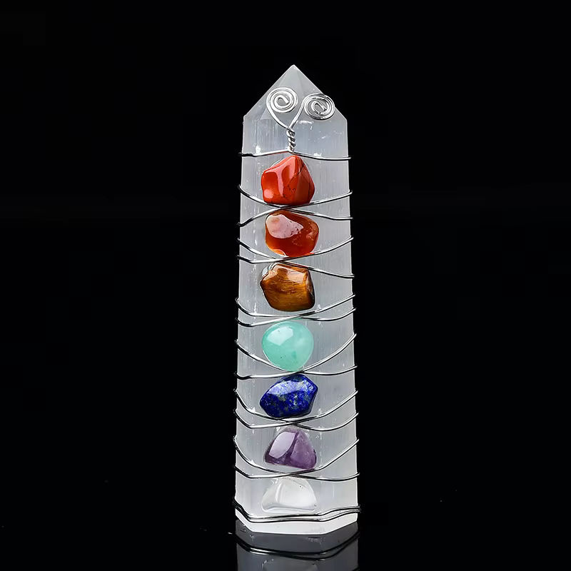 RYCRYSTAL Natürlicher Selenit Obelisk als Sieben Chakren Heilstein und Quarz Zauberstab Turm Ornament in Weiß und Gold - Bild 4