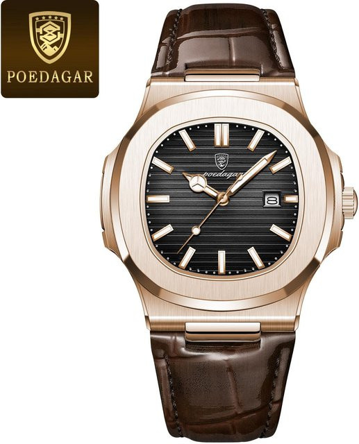 POEDAGAR Armbanduhr Edelstahl, Quarz, Eckig, 40 mm, Schwarz, Herren - Bild 1