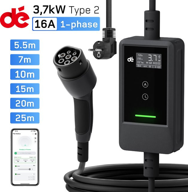dé 3,7kW Auto Ladegerät Typ 2 mit App, 1-phasig, 6A–16A Stromregulierung, Schuko Plug & Play für EV und PHEV, Schwarz, Ladekabel Länge: 15 m - Bild 1
