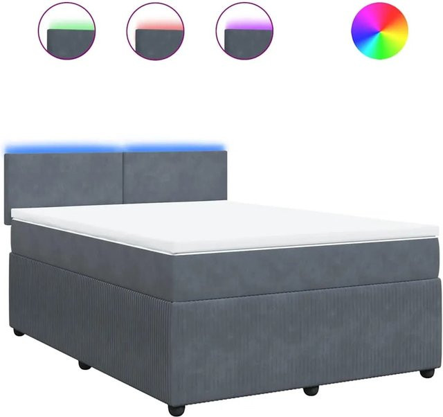 vidaXL Boxspringbett mit Matratze aus Samt in Dunkelgrau mit USB-Ladeport und Unterbettbeleuchtung, B/T/H: 140 x 200 x 100,5 cm - Bild 1