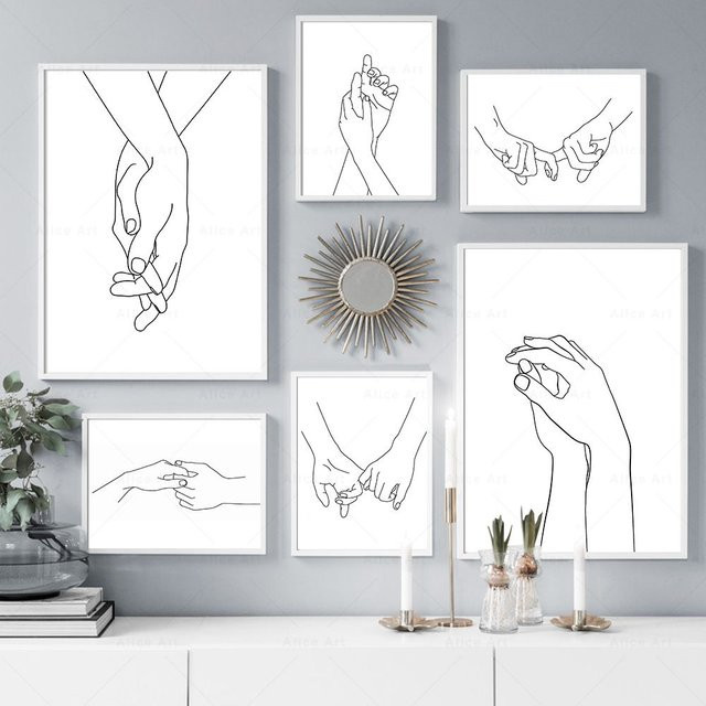 Potdemiel Abstrakte Leinwandmalerei Hände halten Linie Kunst Paar Liebe Poster Minimalistisches Wandbild in Weiß - Bild 1