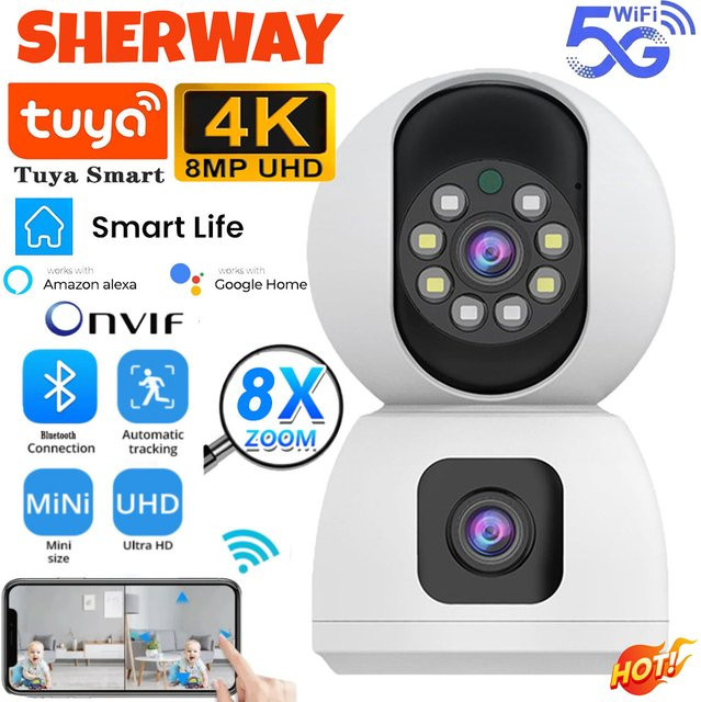 Sherway 8MP Dual Objektiv 5G WIFI Kamera Tuya Smart PTZ 4K HD Dual Screen mit Auto Tracking, Drahtlose Video Überwachung Innenkamera, Weiß - Bild 1