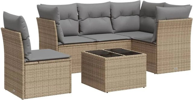 vidaXL 6-tlg Garten-Sofagarnitur in L-Form mit Couchtisch und Kissen, Beige, Poly Rattan und Metallgestell - Bild 1