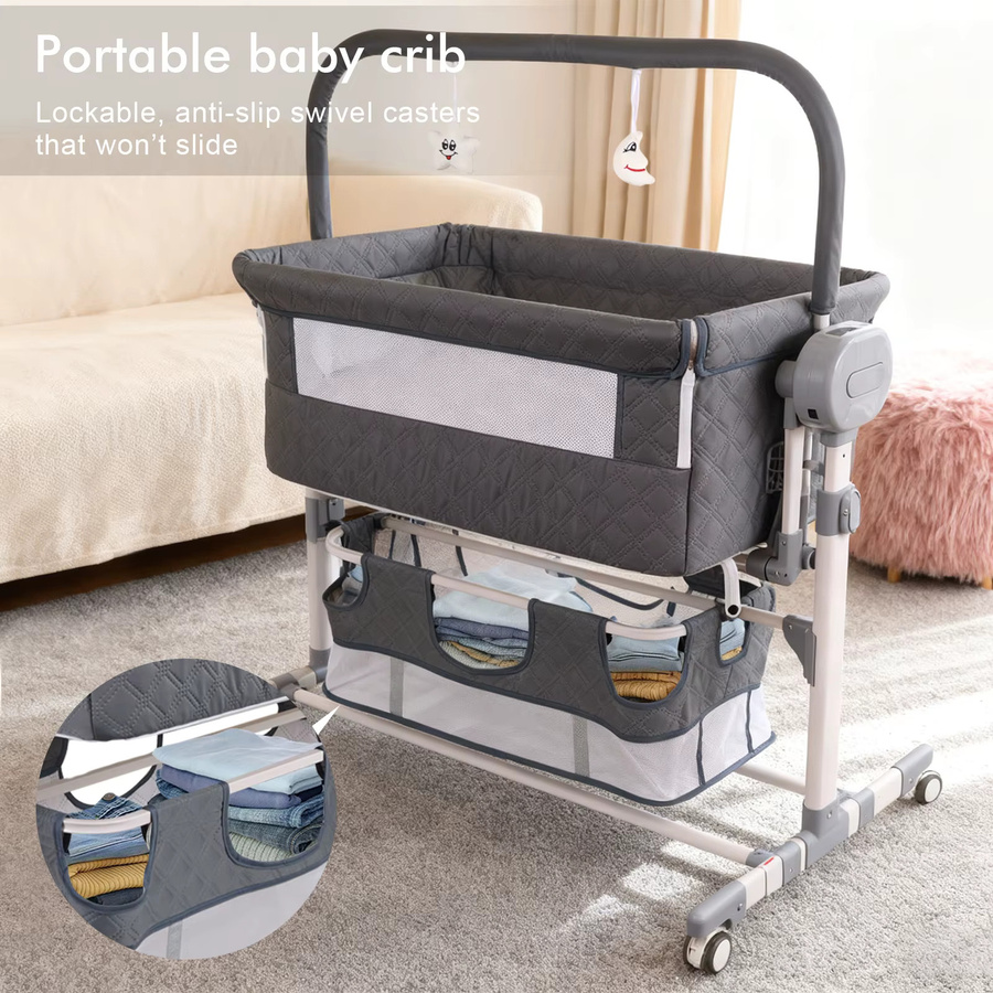 Tragbare Babywiege als faltbares Reisebett und Beistellbett für Neugeborene mit Netzseiten, Rollen und Aufbewahrungskorb in Beige oder Grau - Bild 3
