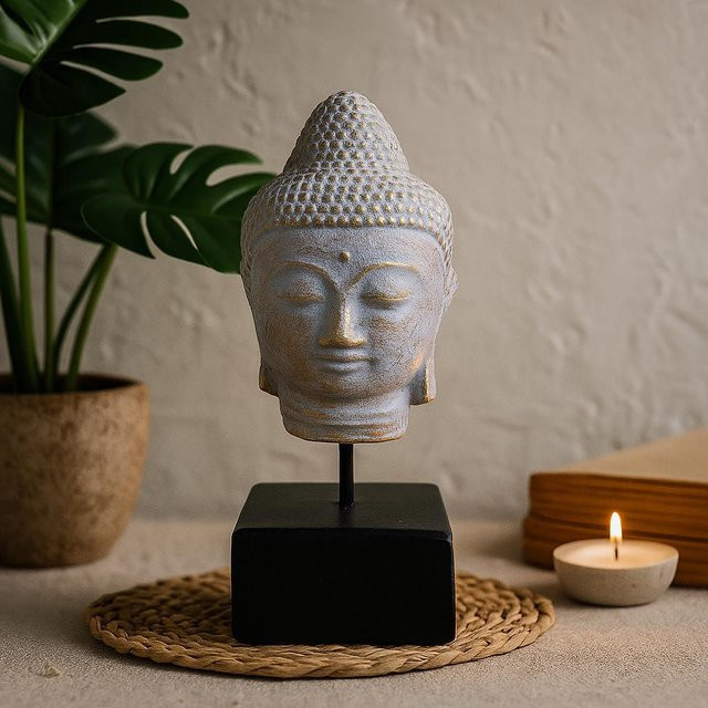 SHAMTAM Buddha-Kopf-Skulptur auf Sockel aus Stein in Blau und Kupfer - Bild 1