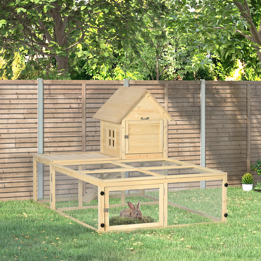 PawHut Kaninchenstall Villa aus Holz in Braun mit 2 Etagen, Laufstrecke, Rampe und verschließbaren Türen, B/T/H: 151,5 x 106 x 97 cm, Aosom - Bild 2