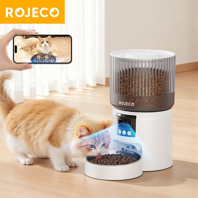 ROJECO Automatischer Katzenfutterautomat mit 1080P HD-Kamera, WLAN-Fernbedienung und Video-Funktion, Weiß - Bild 1