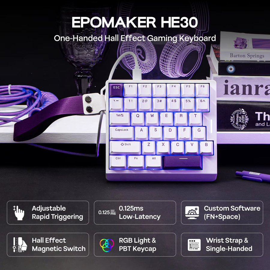 EPOMAKER HE30 30% Einhändige Hall-Effekt Gaming-Tastatur mit RGB-Hintergrundbeleuchtung und 8K Polling-Rate, Weiß-Lila - Bild 2
