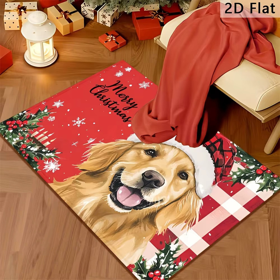 VIKAMA Weihnachts-Bodenmatte mit Golden Retriever-Aufdruck, rutschfest und waschbarer Badezimmerteppich zur Heimdekoration - Bild 2