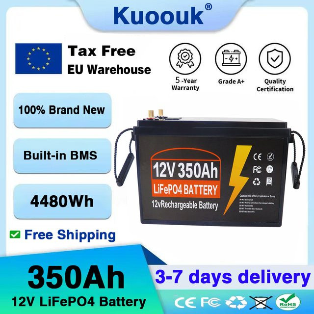 Kuoouk 12V 350Ah LiFePO4 Lithium-Eisenphosphat-Batterie mit 4480Wh und integriertem 100A BMS in Schwarz - Bild 1