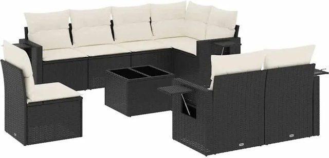 vidaXL 9-teilige Garten-Sofagarnitur aus Poly-Rattan mit Kissen in Schwarz und Cremeweiß - Bild 1